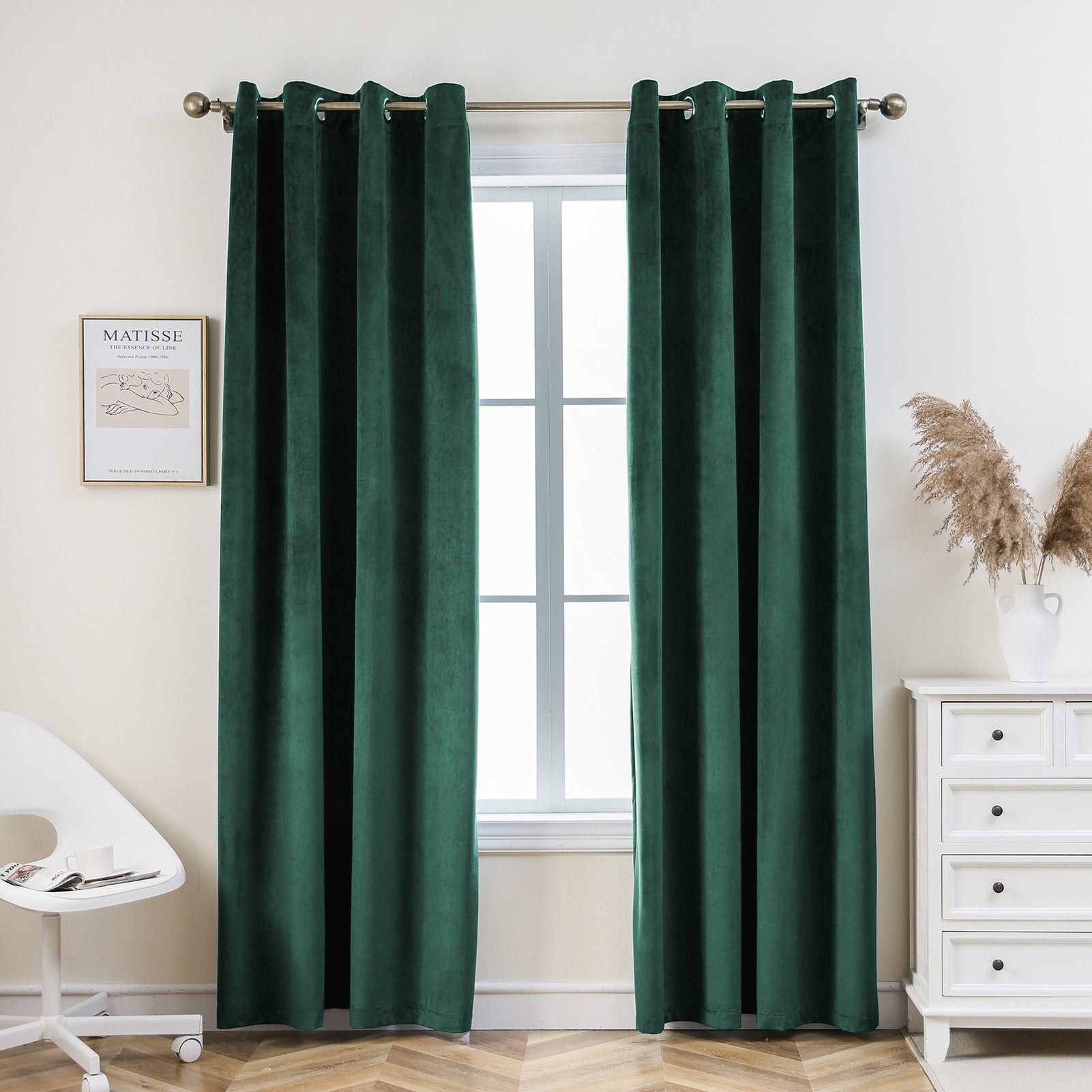 Grommet Velvet Curtains 52" W x 84" L, Dark Green