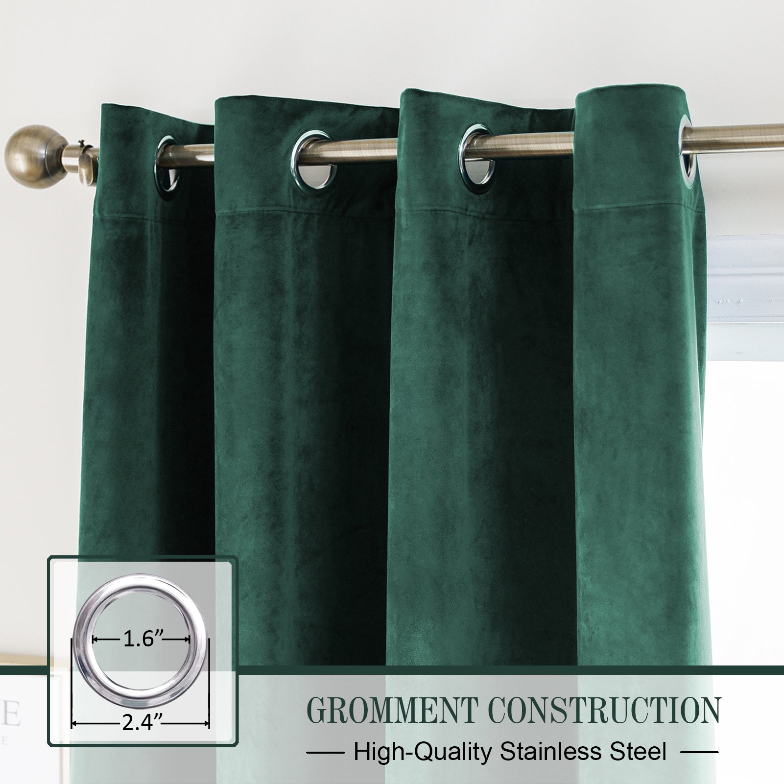 Grommet Velvet Curtains 52" W x 84" L, Dark Green
